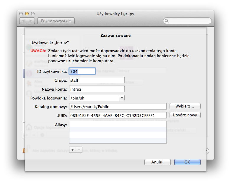 Opcje zaawansowane uzytkownika Intruz