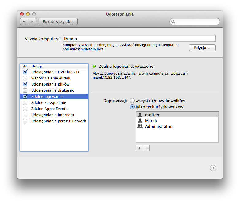 Zdalne logowanie - Preferencje systemowe OS X